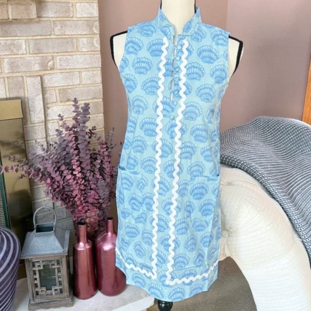 SAIL TO SABLE Short Ric Rac Dress - Blue Shell Seashell Print